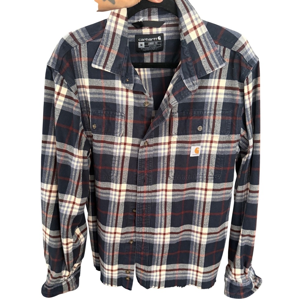 Carhartt Loose Fit‎ Flannel Shirt Size Medium Plaid Button Up raw hem